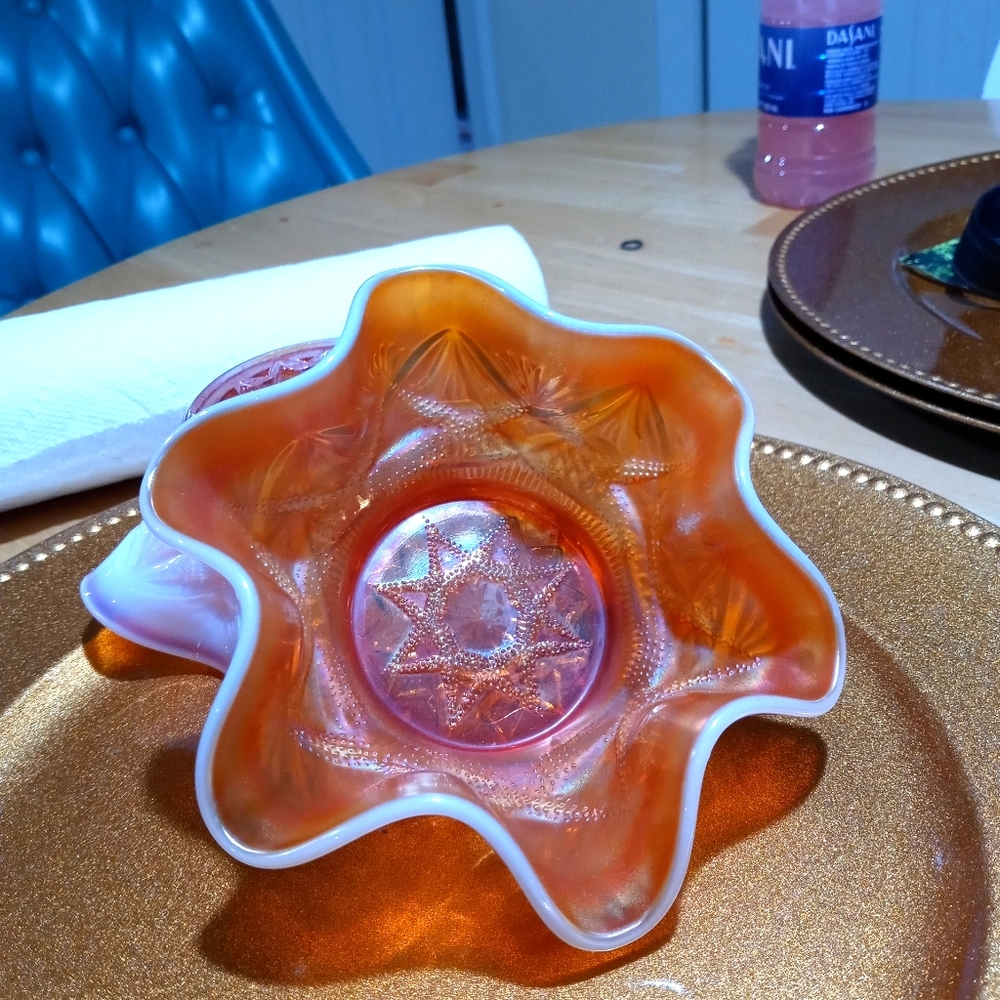 Marigold carnival glass dish